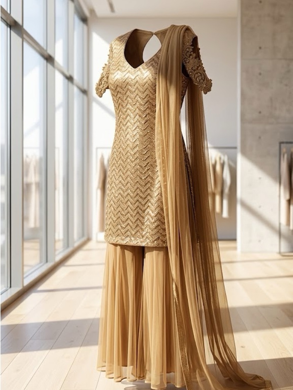 Stunning Gold Embroidered Sharara Set with Dupatta  | Size 36.